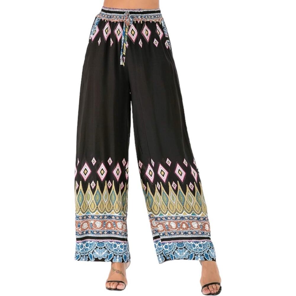 NEW Boho We Love Wide Leg Elastic High Waist Black Diamond Palazzo Pant Sz M NWT